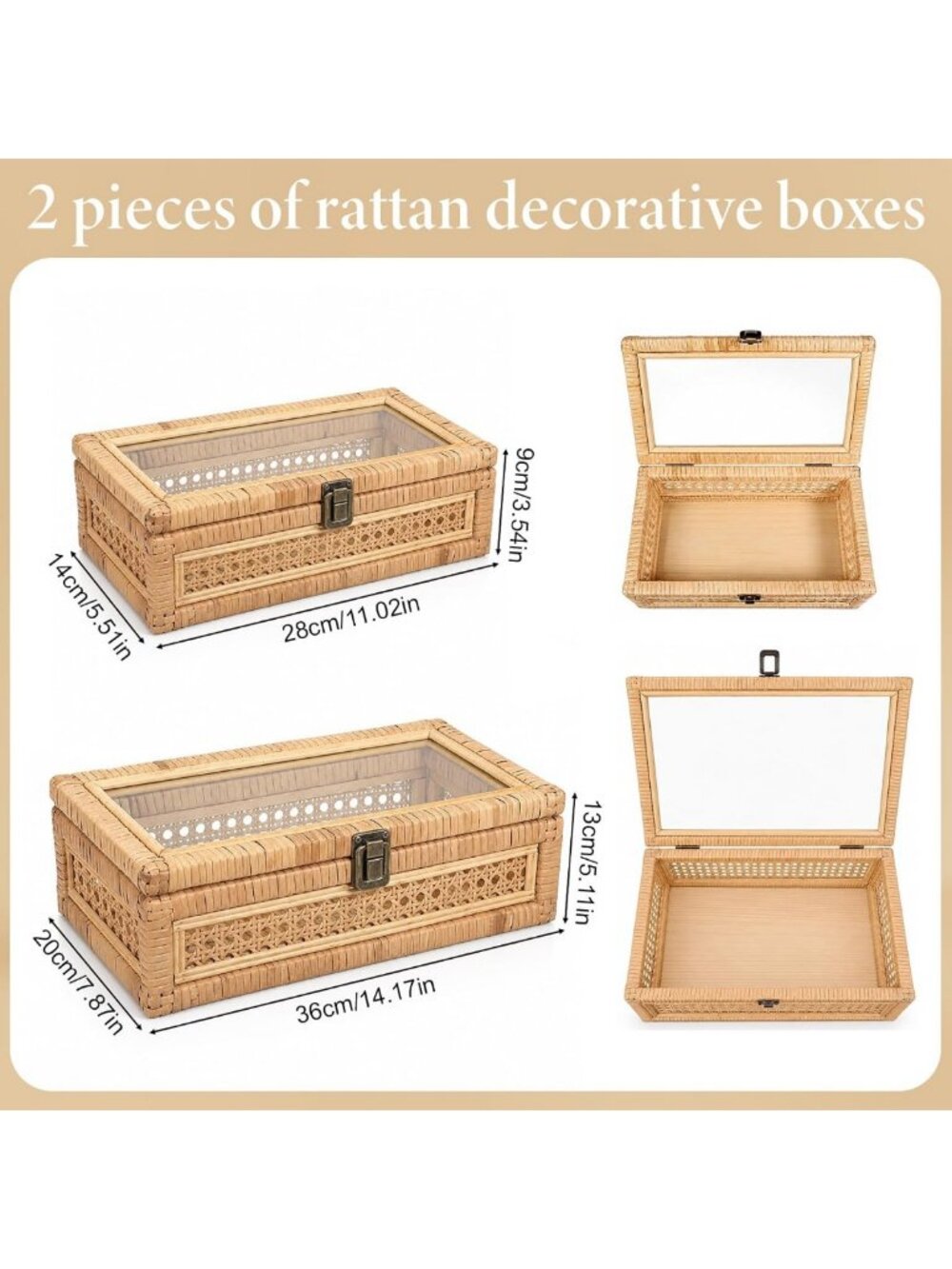 Large Woven Rattan Decorative Box Set with Lid - Rectangular Glass Display - Picture 2 of 7